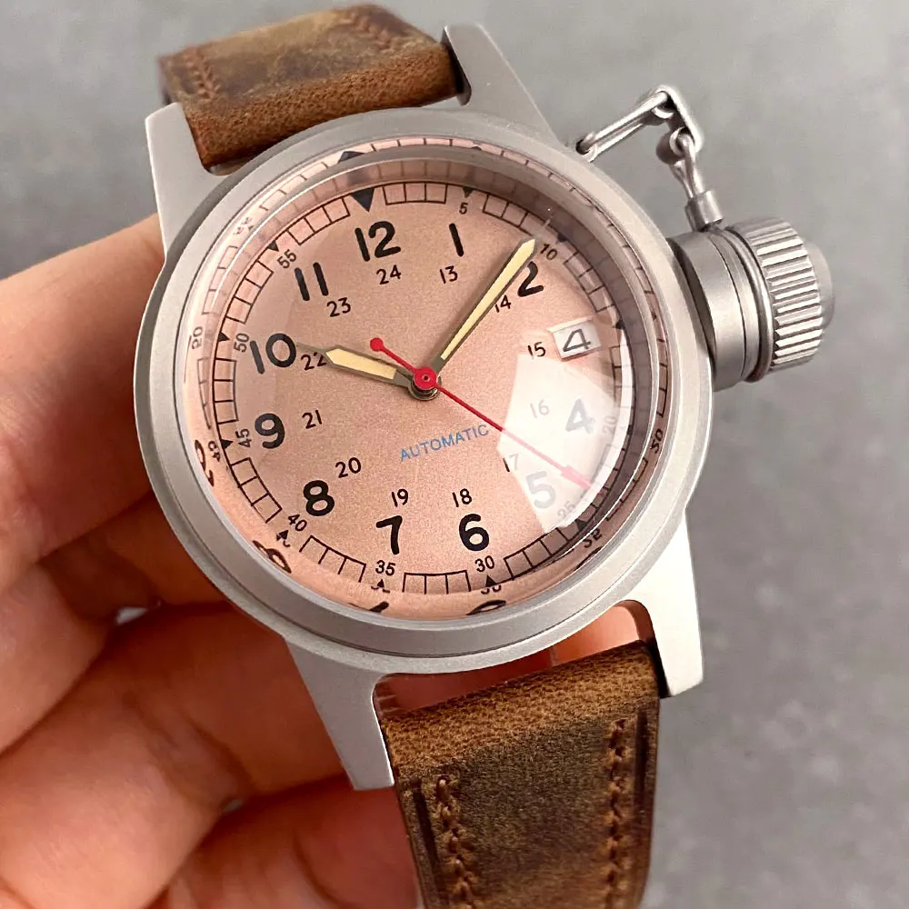 Reloj rosa de 36mm con corona grande luminoso NH35 automático para hombre y mujer, reloj de pulsera resistente al agua de 200m, correa de cuero con cristal de zafiro abovedado