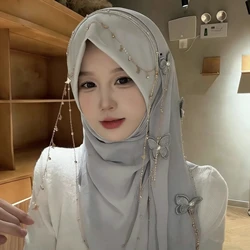 Arabian Shawls Muslim Women Instant Wrap Ready Hijabs With Butterfly Chains
