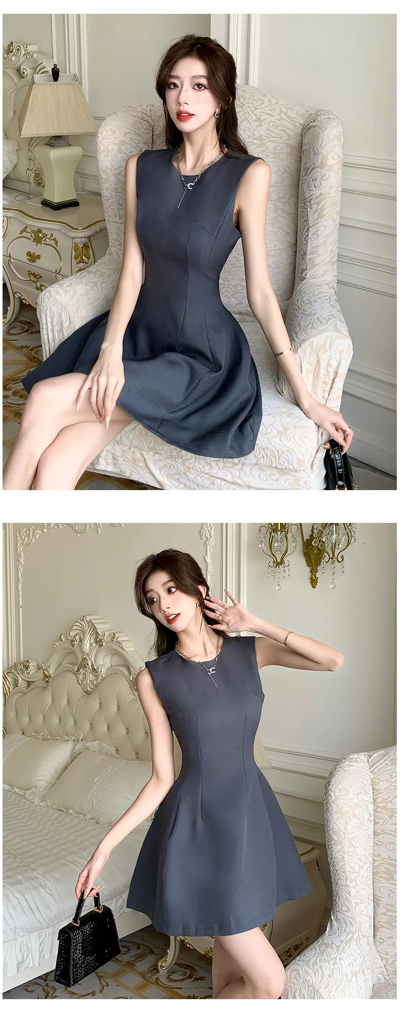 Verano negro cuello redondo ajustado sin mangas temperamento corto chaleco vestido mujeres gris elegante Sexy Oficina cremallera Mini vestido simplicidad