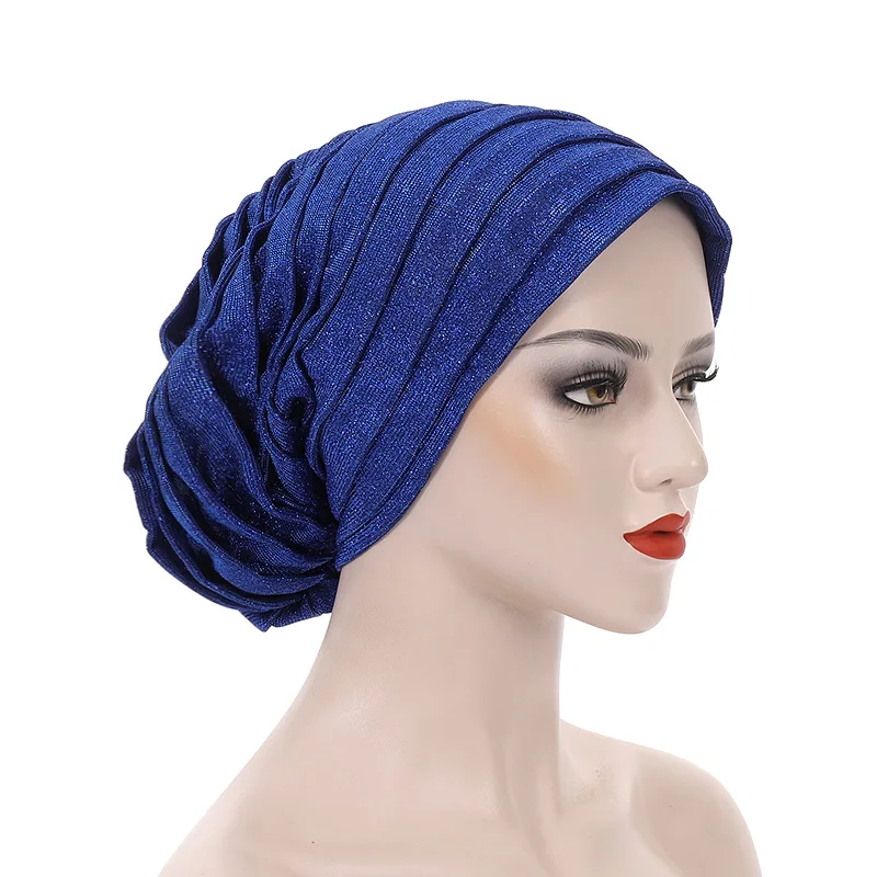 Glitter Pleated African Turban Cap Women Hijab Bonnet Head Wraps Nigeria Party Headpiece Female Wedding Auto Gele Headdress Hat