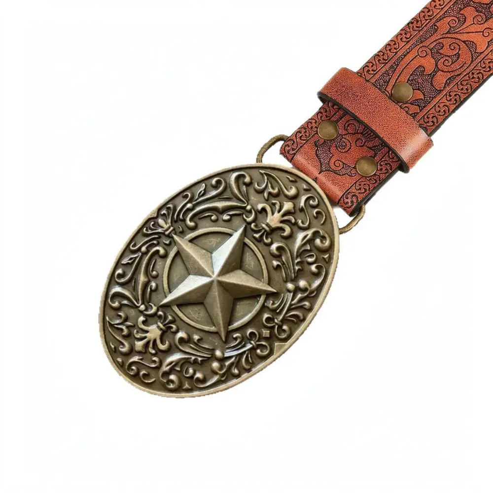 Western Cowboy Belt Vintage Embossed Waistband Unisex Metal Star Buckle Antique Bronze Strap For Gehang Fashion Accessory