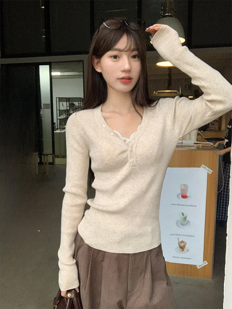 

Song Zhengen женский облегающий длинный свеч V-Ne трикотажный повседневный топ на пуговицах с базовым слоем на осень-зиму