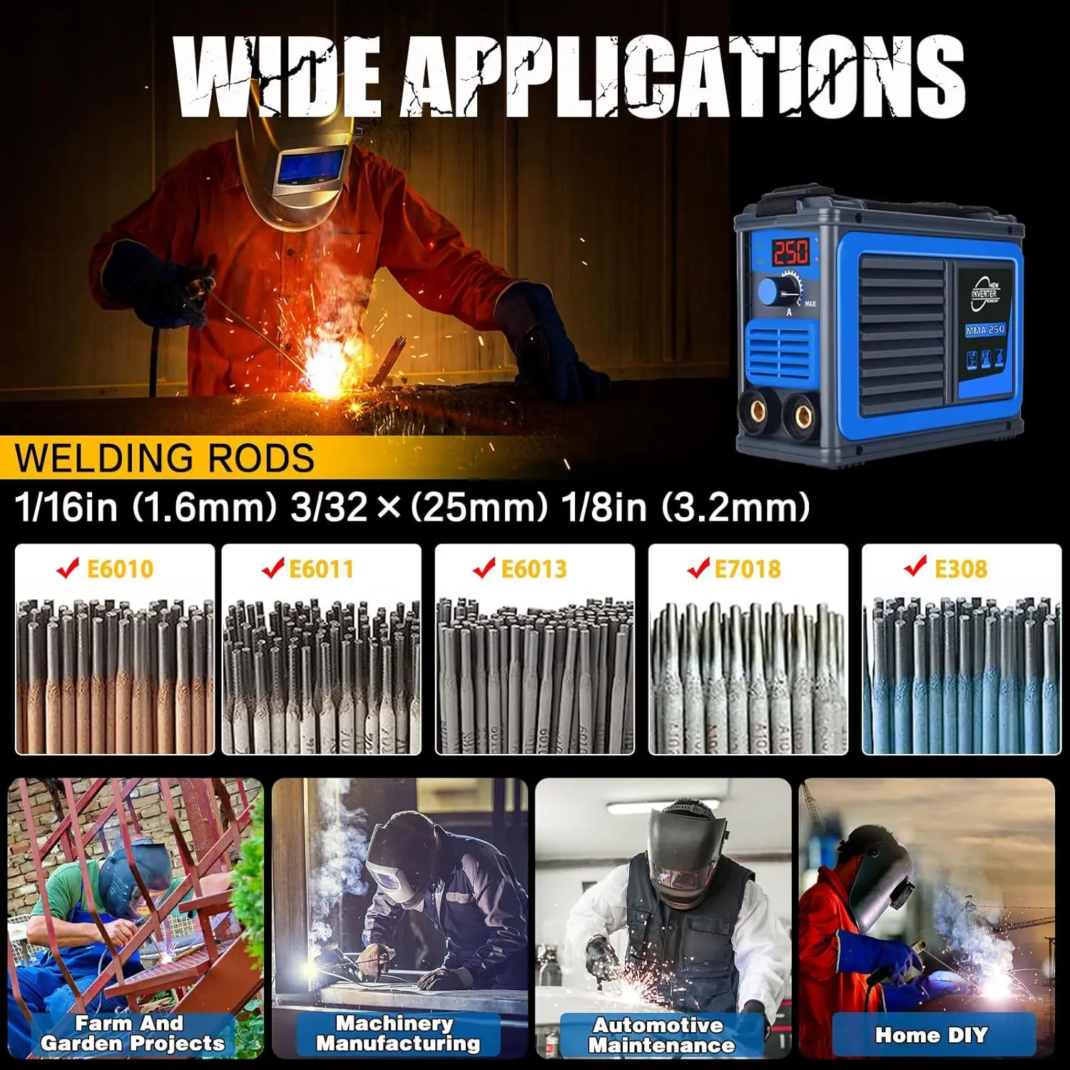 Mesin las, mesin las portabel 110V Igbt tampilan Digital Lcd ditingkatkan mesin las Mma-250A, mulai panas Arc Force