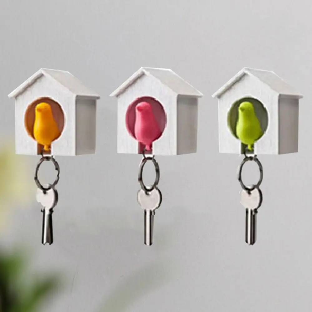 Cute Plastic Sparrow Key Holder Wall Mounted Birdhouse Shape Sparrow House Keychain Bird Whistle Decorative Key Hanger Keys