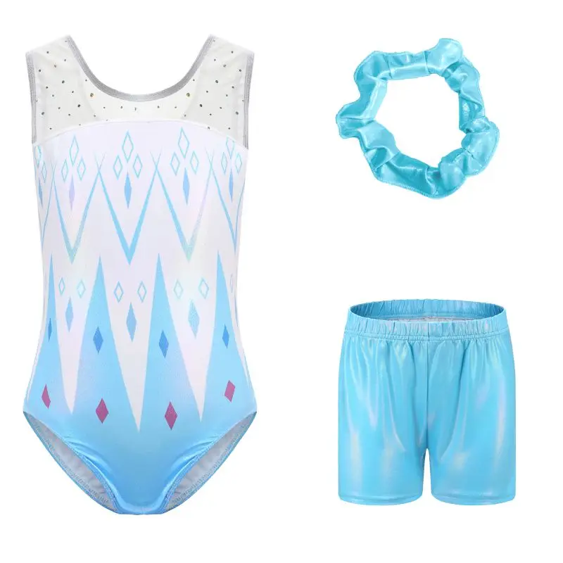 5-12 Years Children Girls Ballet Leotard with Shorts Hairband Kids Dance Costume Gymnastics Training Clothing