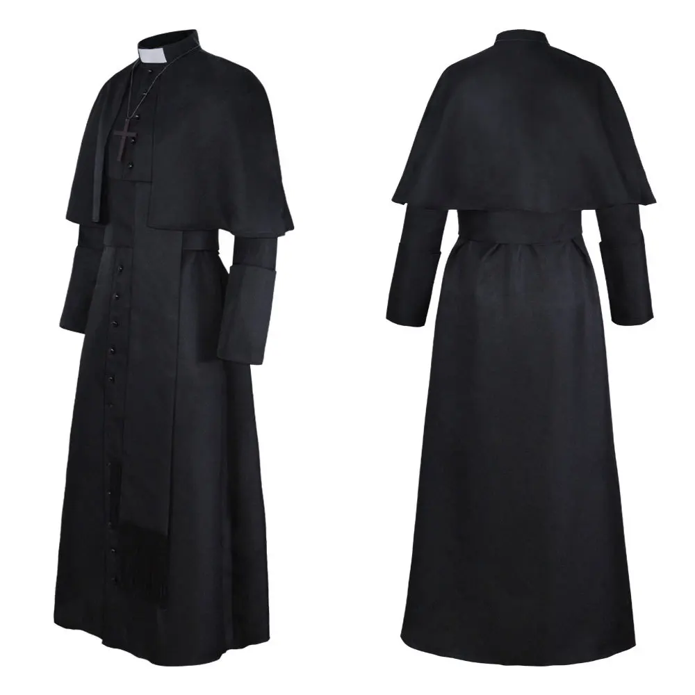 Fotografia 3: Fantasia de Padre Masculina para Halloween, Cosplay Medieval, Hábito Católico, Roupa de Cosplay Adulto para Festa Temática