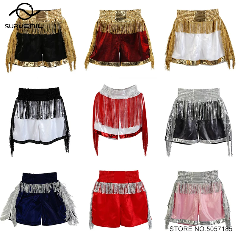 

Boxing Shorts High Grade Muay Thai Shorts Men Women Kids Martial Arts MMA Clothes Gold Silver Tassels Fighting Kickboxing Shorts