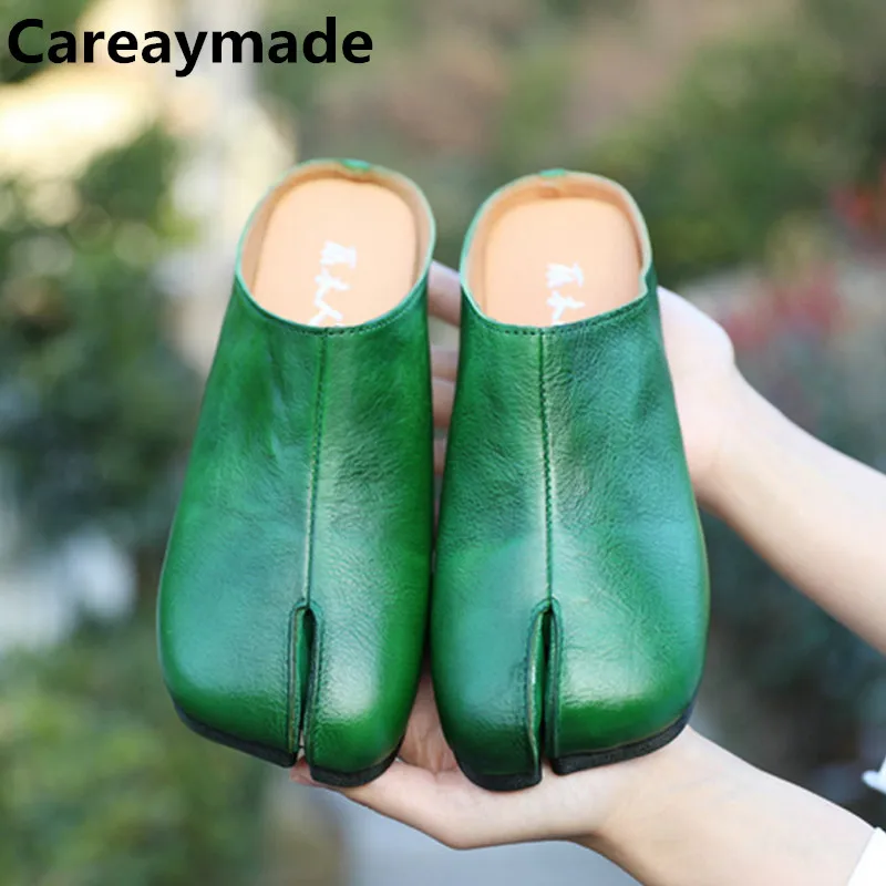 

Careaymade-Handmade Genuine Leather women's Slippers,Cowhide high-end sense niche split toe shallow mouth flat bottom Slippers
