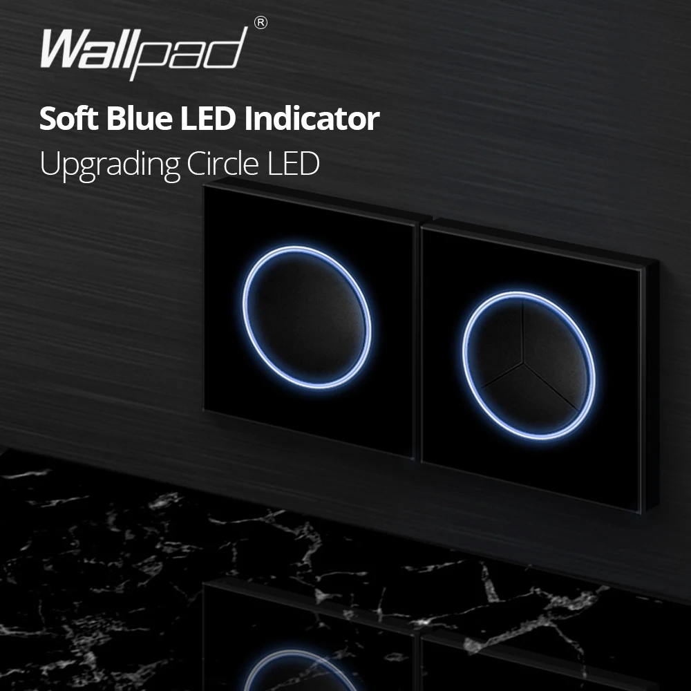 Wallpad Black Glass Panel With Large Circle Blue LED Indicator Wall Light Switch and Socket Round Button Electric Outlet