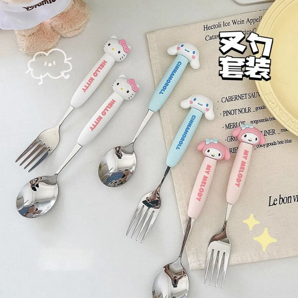 2Pcs Sanrio Hello Kitty Stainless Steel Spoon Forks Cinnamoroll Melody Portable Utensils Feeding Tableware Set Girls Gifts