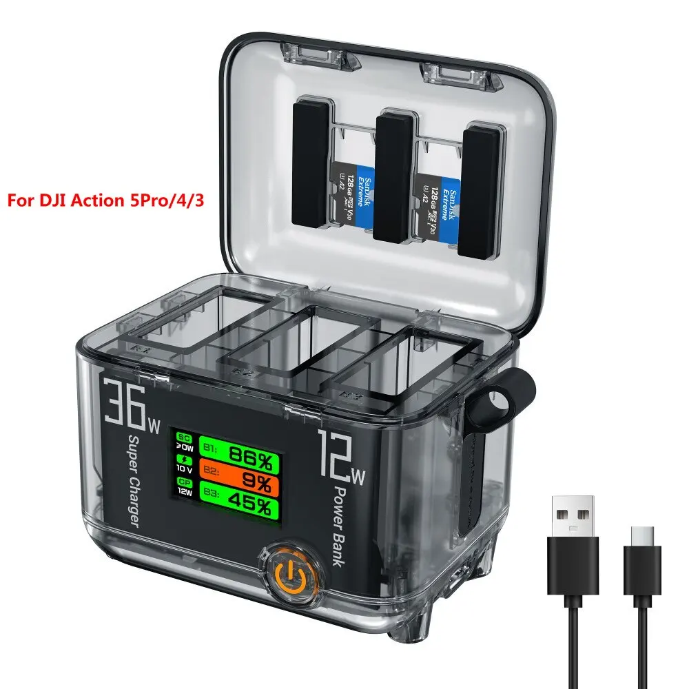 

36W PD Charging Box for DJI Action 5Pro/4/3 3-Way Bi-Directional USB-C Charger Hub High-Speed Power for Action Camera Batteries