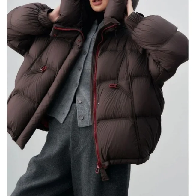 

Winter Thickened Short Cotton Jacket Women's Fashion Puff Design Warm Outerwear Polo Collar Zipper Splice Pure Color Style