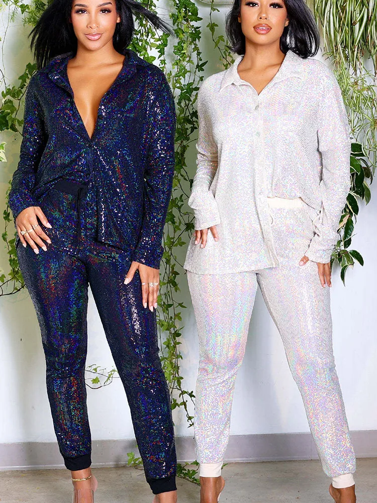 

Sparkly Metallic Sequins Two Piece Sets Womens Outfits Birthday Festival Clothing Shirt Top and Pants Matching Sets Clubwear Y2K