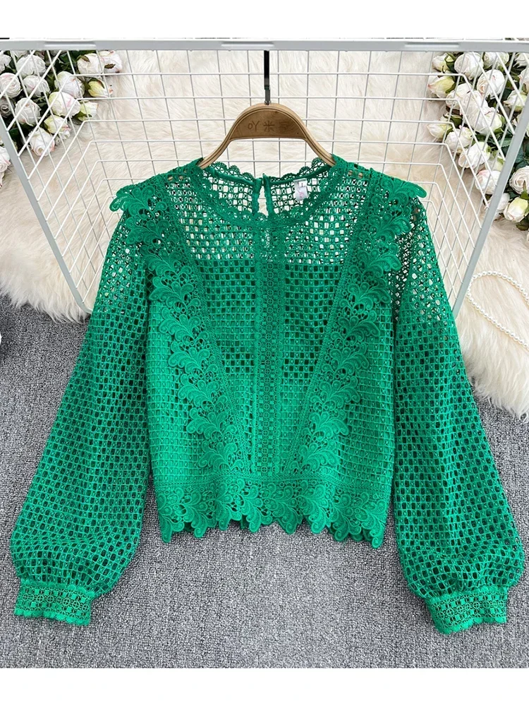 Women Spring Autumn Blouse Vintage Round Neck Ruffle Long Sleeve Loose Hook Flower Cut Out Water-soluble Lace Shirt D2062