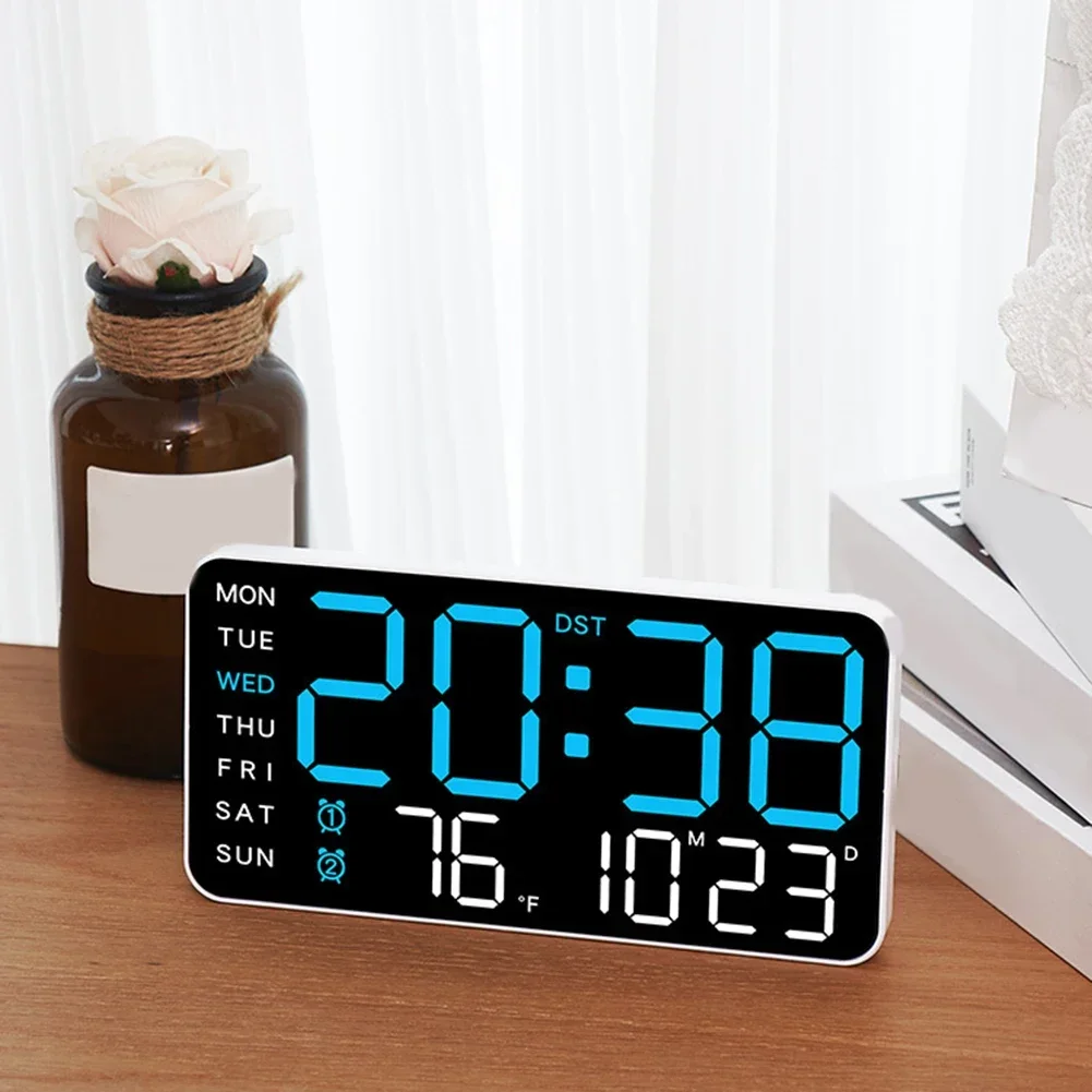 Colorful LED Digital Wall Clock Large Digital Wall Clock Temperature Humidity Week Display Bright Adjustable Electronic Clock