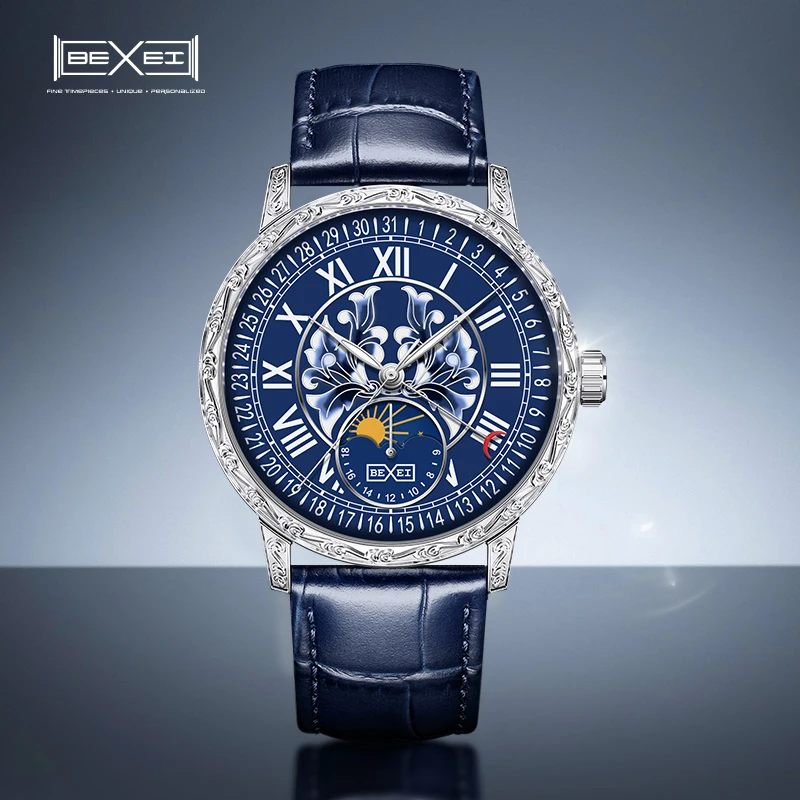 

BEXEI Automatic Mechanical Watches for Men 24Hours Calendar Display Vine Pattern Case Luxury Unique Sapphire Luminous Watch 9215