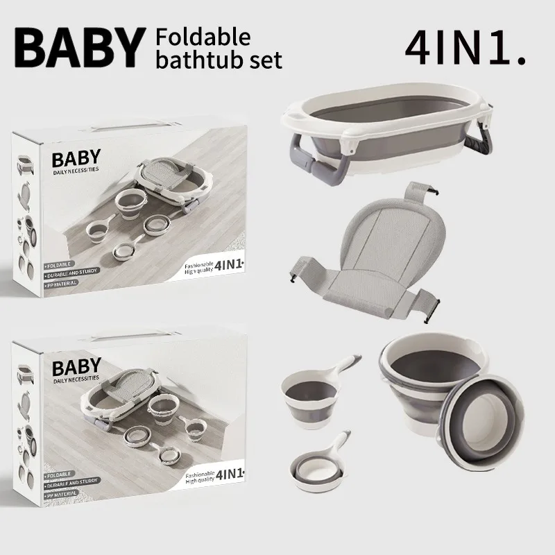 

4 In1 Baby Bath Tub Foldable Set, Safe Ergonomic Infant Bathing Tub for Newborn, Portable Sink Bathtub with Mat