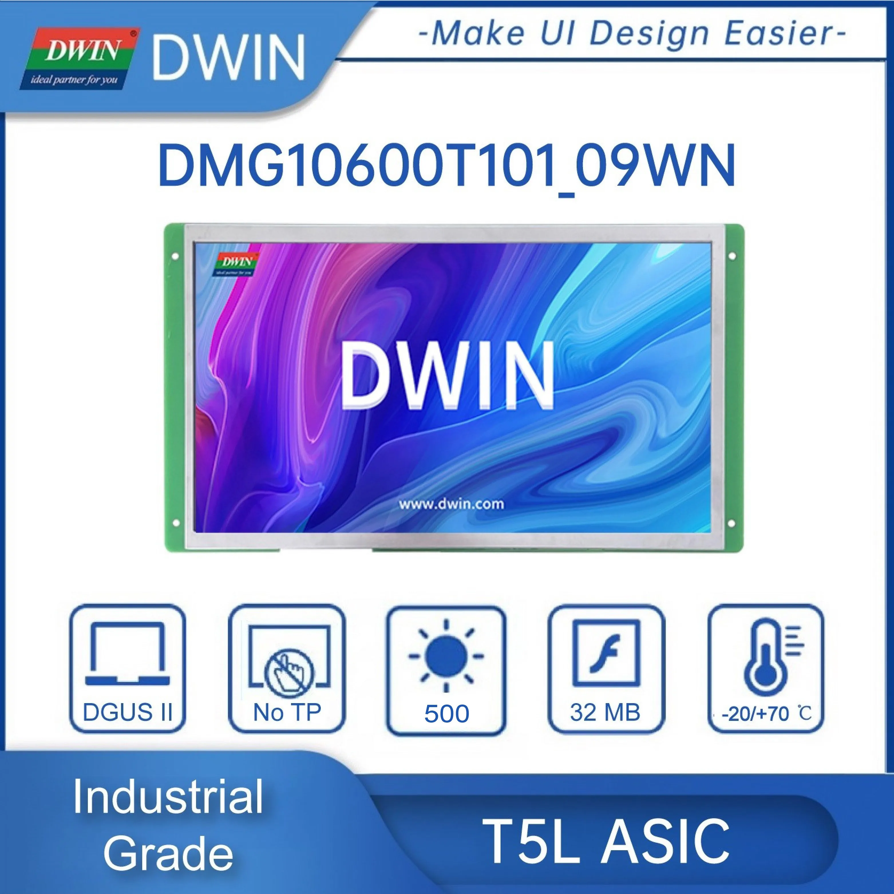 DWIN 10.1 Inch HMI 1024*600 IPS-TFT-LCD Display Industrial-grade High Brightness UART Touch Screen ArduinoESP32 DMG10600T101_09W