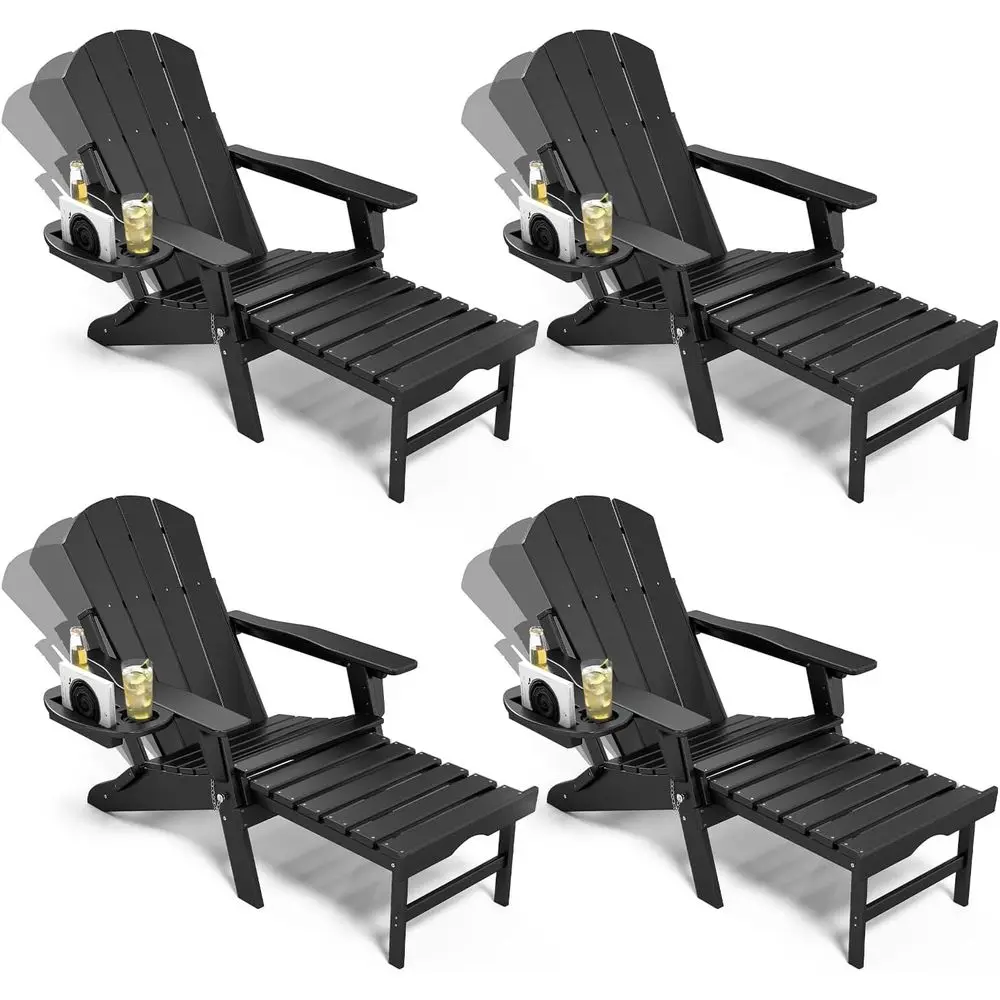 

Set of 4 Weather-Resistant HDPE Adirondack Chairs with Retractable Ottomans and Cup Holders, Black