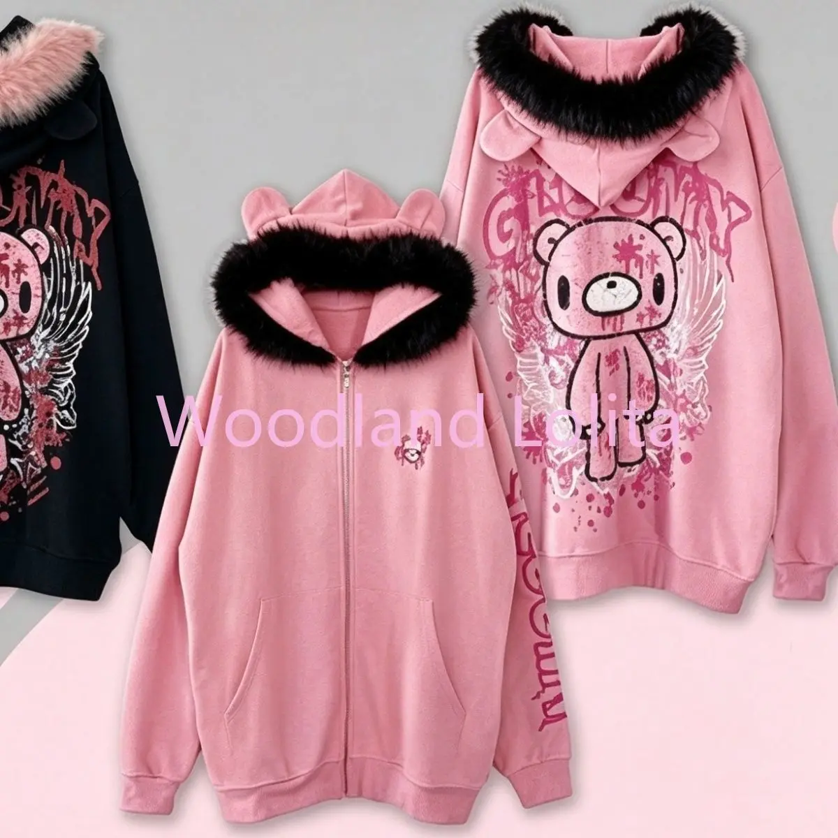 Autumn Winter Japanese Dark Gothic Hooded Coat Women Fur Collar Cartoon Bear Loose Hoodie Sweatshirts Y2K Coat Jacket Jirai Kei