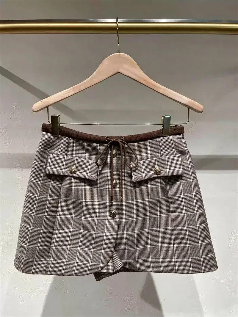 A-Line Women's Drawstring Waist Shorts Skirt Viintage Fashion Single Breasted Plaid Ladies British Style Culottes
