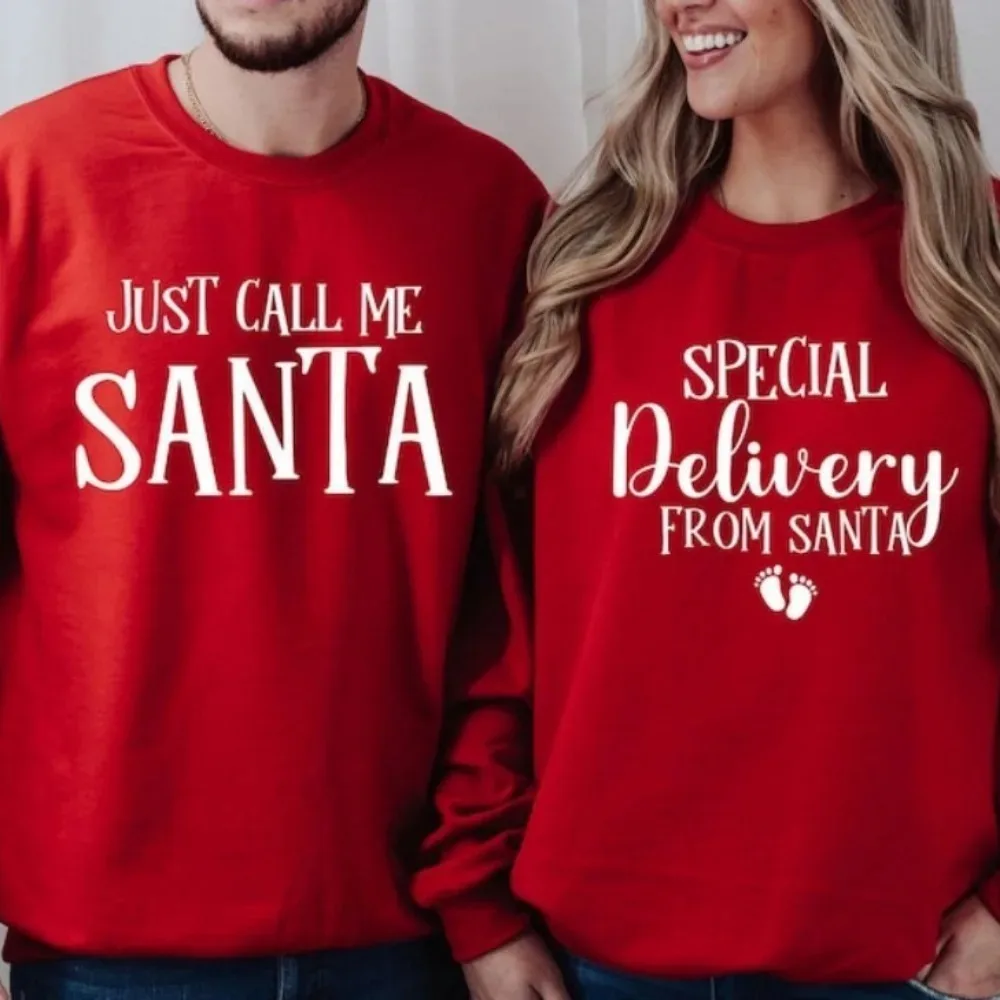 

Рождественское объявление о беременности Толстовка для пары «Просто зовут меня» Толстовка Санта-Клауса Специальная доставка от Толстовка Санта-Клауса