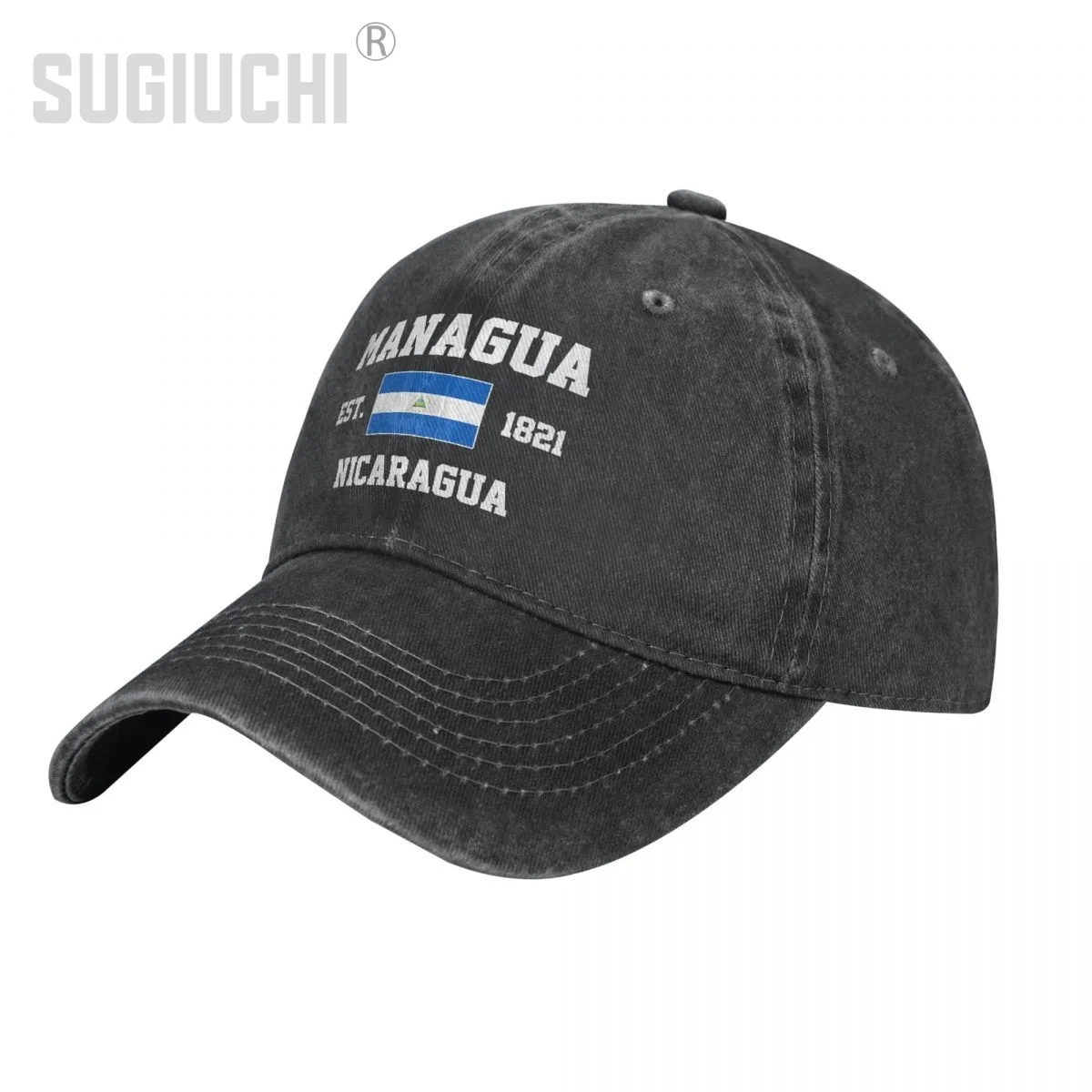 Flag of Nicaragua EST.1821 Managua Unisex Adult Charcoal Washed Denim Baseball Cap Men  Vintage Cotton Patriotic Trucker Hat