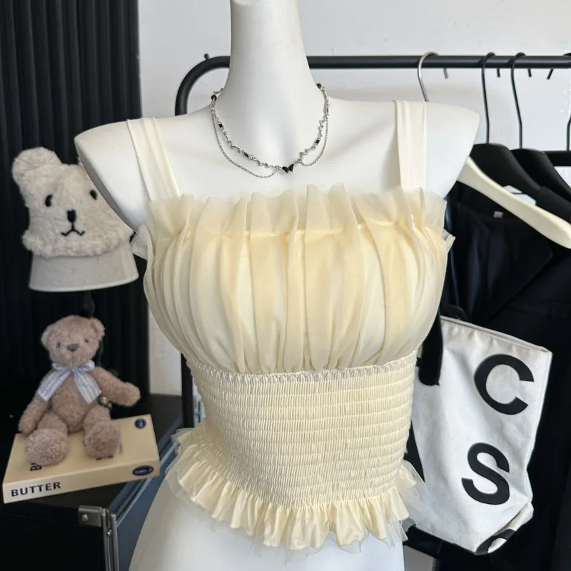 Sweet Retro Mesh Panel Cropped Cami Top Korean Style Waist-Defining Slim Tank 2025 Girls New Sexy Backless Sleeveless Blouse