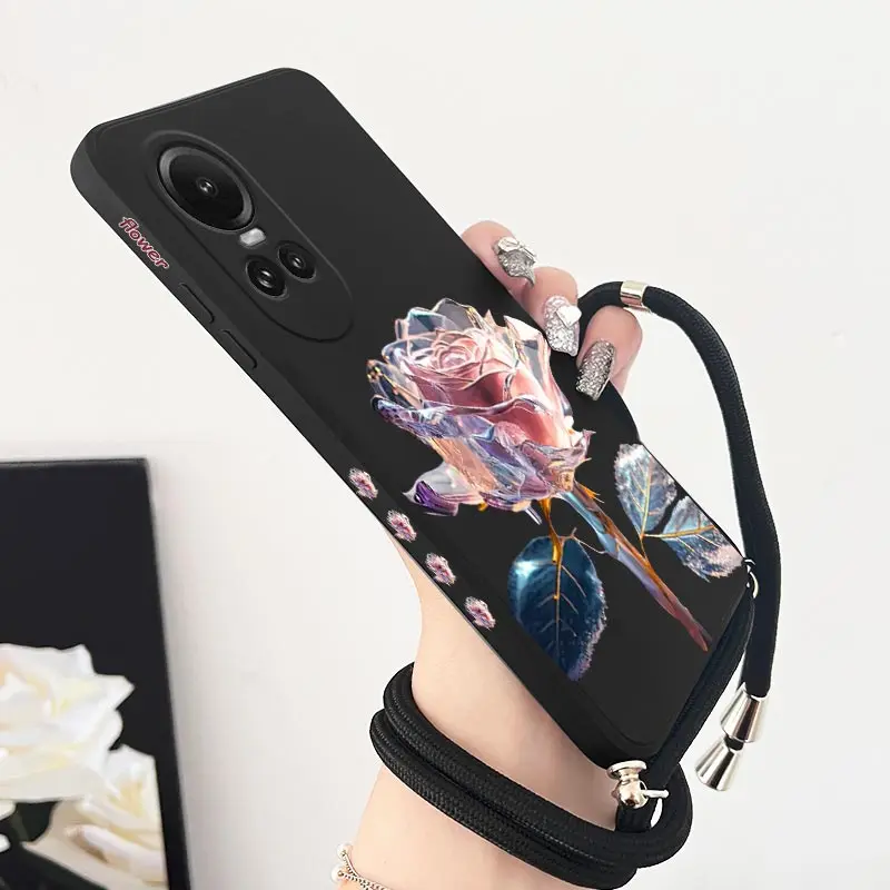 R eno 10 Dazzling Rose Lanyard Silicone Phone Case For OPPO Reno 10ProPlus 10 10Pro 12 8 7 7Z 6Lite 12Pro 6Z 12 8Pro 8T Cover