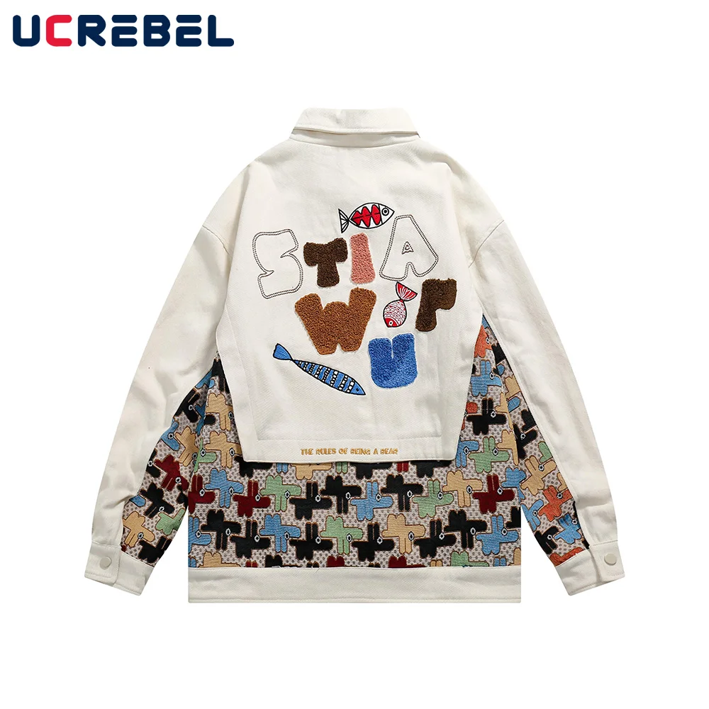 

Creative Patchwork Embroidery Cargo Jacket Mens Retro High Street Spring Loose Lapel Long Sleeve Single Breasted Outerwear Men