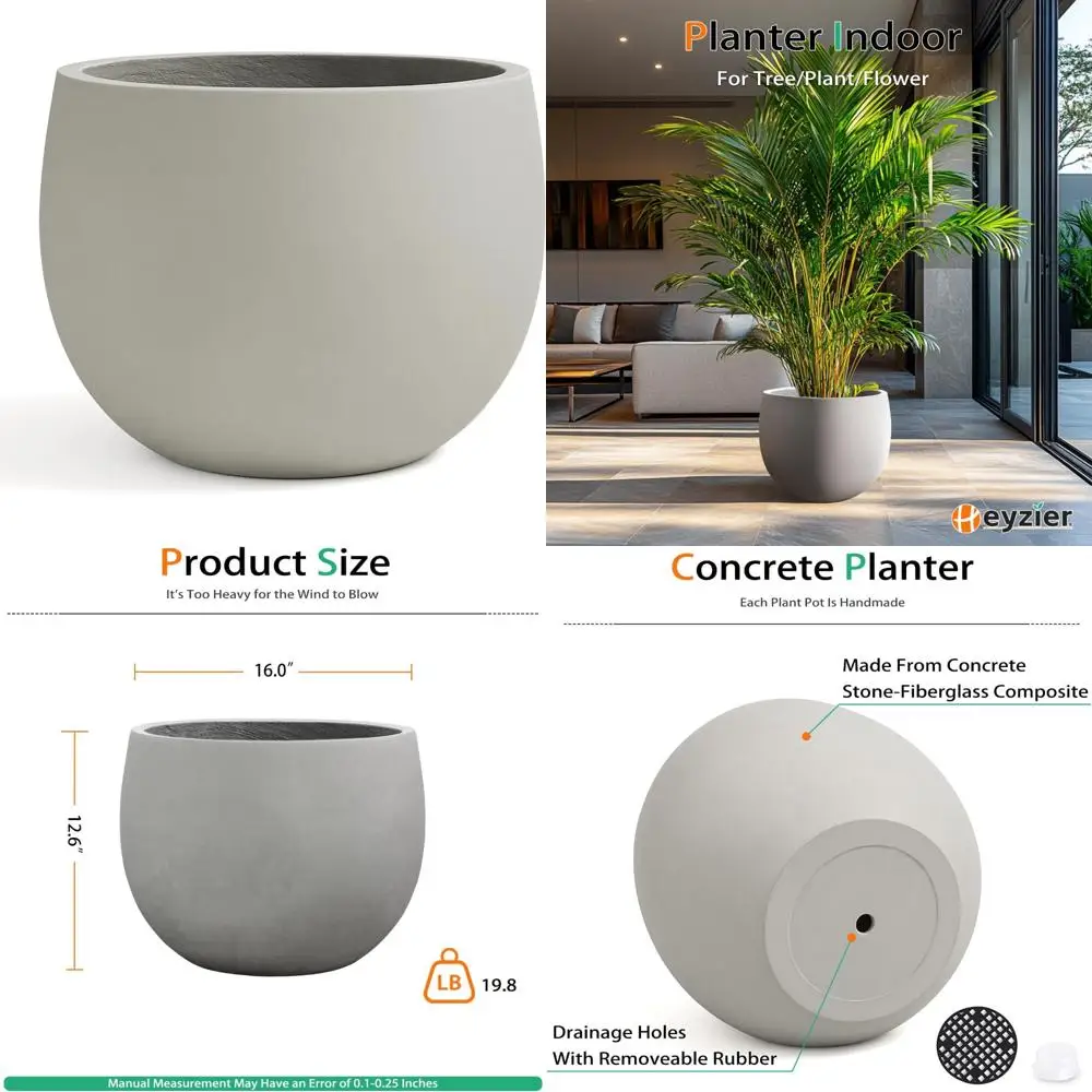 

Большой внутренний и наружный бетонный горшок, высокий цементный горшок для деревьев и цветов, серый, 16 дюймов