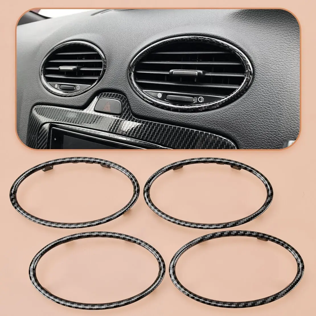 4M51A014L21AE 4Pcs Air Outlet Vent Trim Decoration Circle Fit For Ford Focus 2005-2008 2009 2010 2011 Carbon Fiber Texture ABS