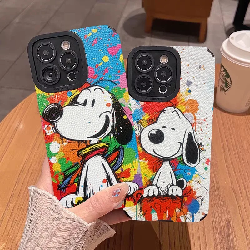 Luxury Painting Color Splash-ink Cute Snoopy Phone Case For iPhone 13 12 11 14 15 16Pro Max X XR Graffiti Snoopy Anti Fall Cover