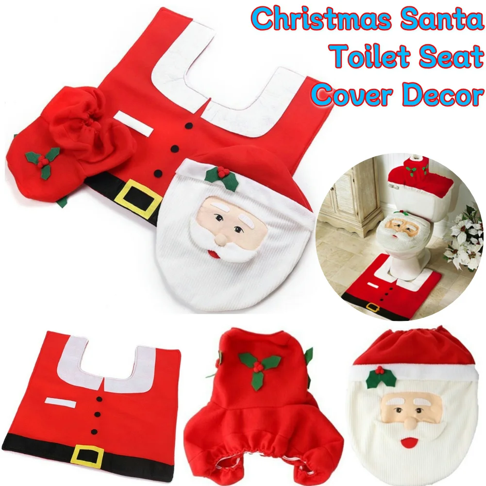 Christmas Santa Toilet Seat Cover 3pcs SET 3D Xmas Cartoon Bathroom Mat Toilet Cover water uptake Bath Festival Holiday Decor