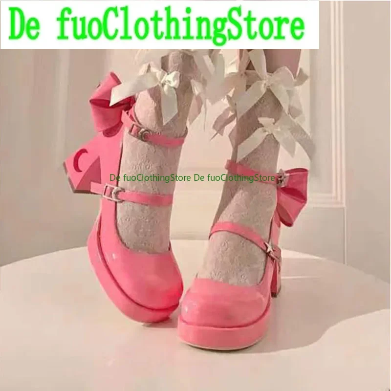 DefuoClothing ثقافة فرعية الساخن الفتاة الشرير نمط عالية الكعب لوليتا أحذية الحلو BowWomenVersatile كعب مربع أحذية من الجلد