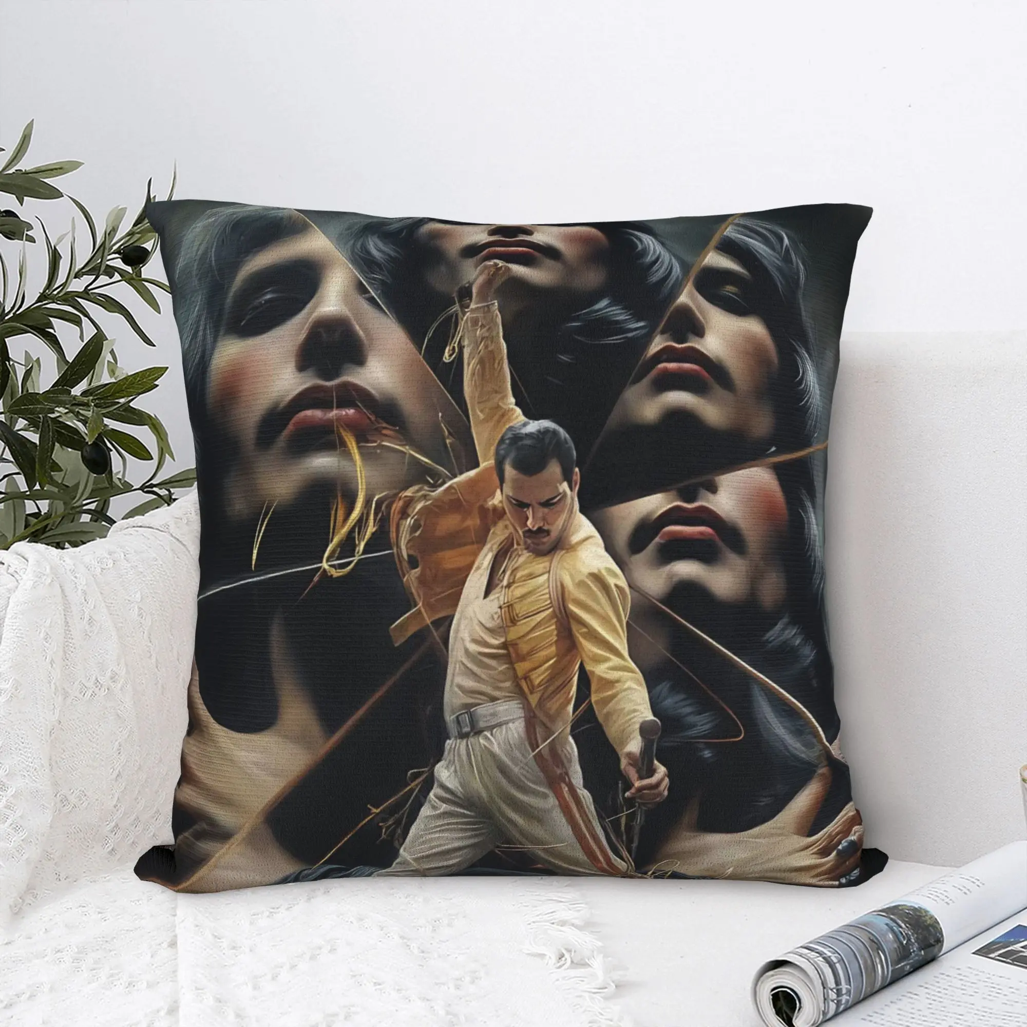 1pc Freddie Mercury Rock Star Throw Pillow Cover Polyester 2D Double‑Sided Print for Sofa Living Room Fan Aesthetic Home Decor