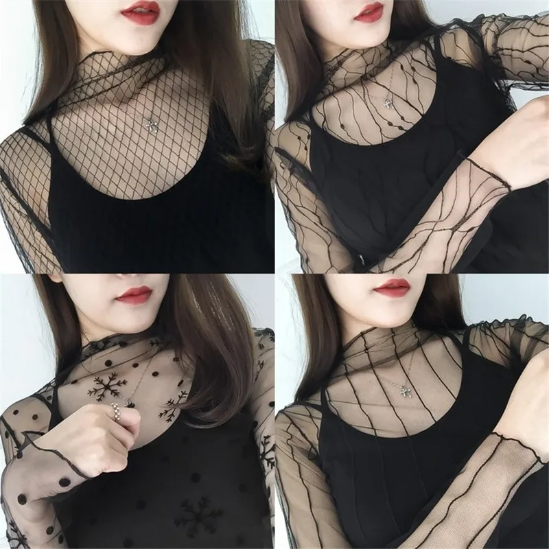 

Lace Hollow out Mesh Top Women's Sexy Transparent Long Sleeve Inner Net Black Lace Base Shirt Korean Style Slim Fit Commute Wind