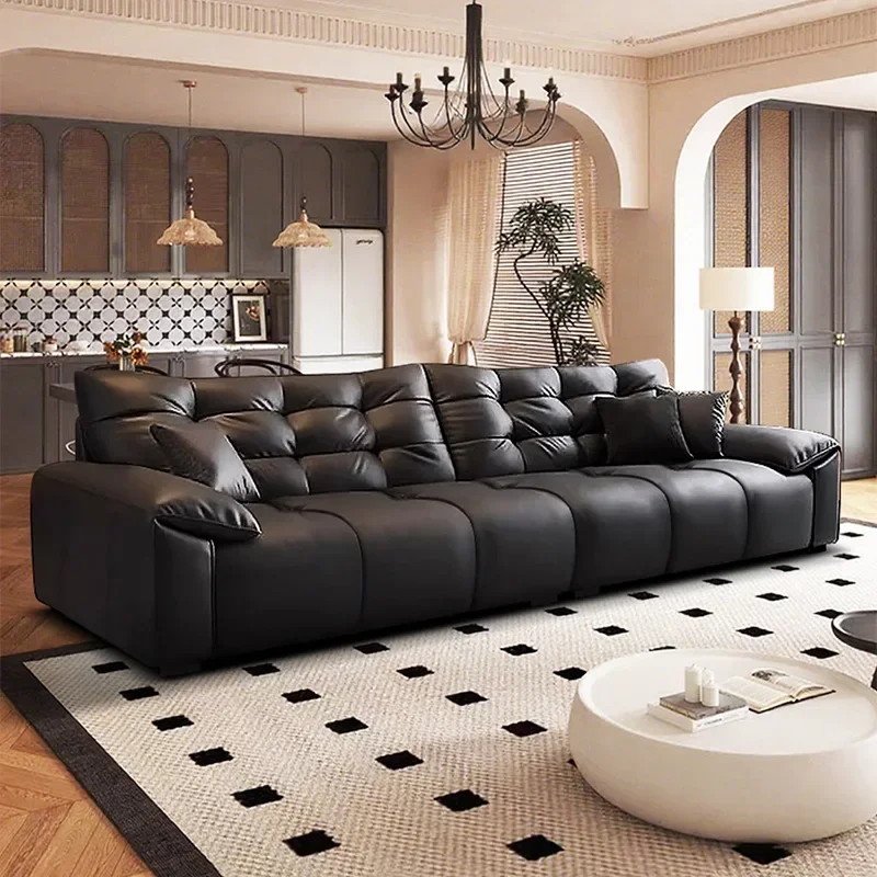 Sofá italiano minimalista de cuero con respaldo alto, sofá de fila recta para el hogar de piel de vaca de primera capa para sala de estar