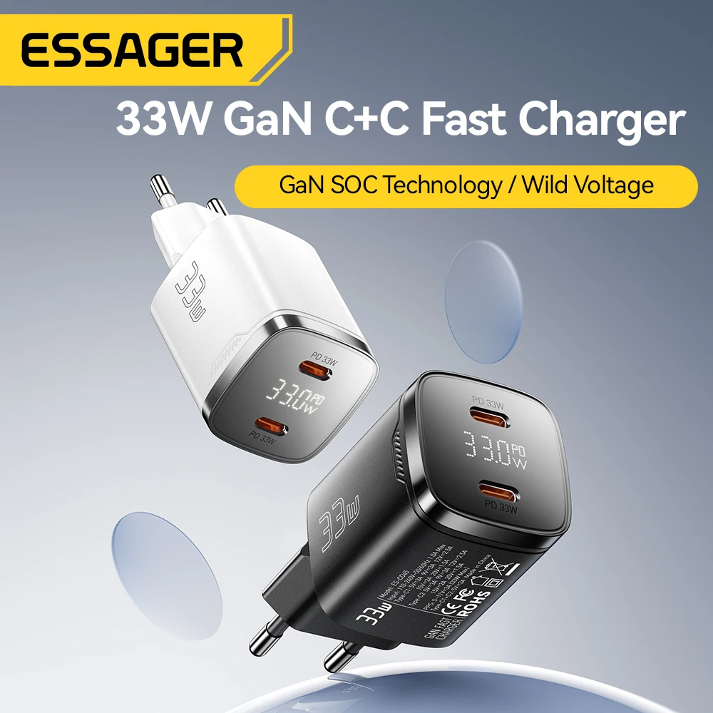 Ładowarka Essager 33W GaN Dual USB Type C z szybkim ładowaniem PD do iPhone 17 16 15 14 13 Pro Max iPad z cyfrowym wyświetlaczem — zdjęcie produktu 2