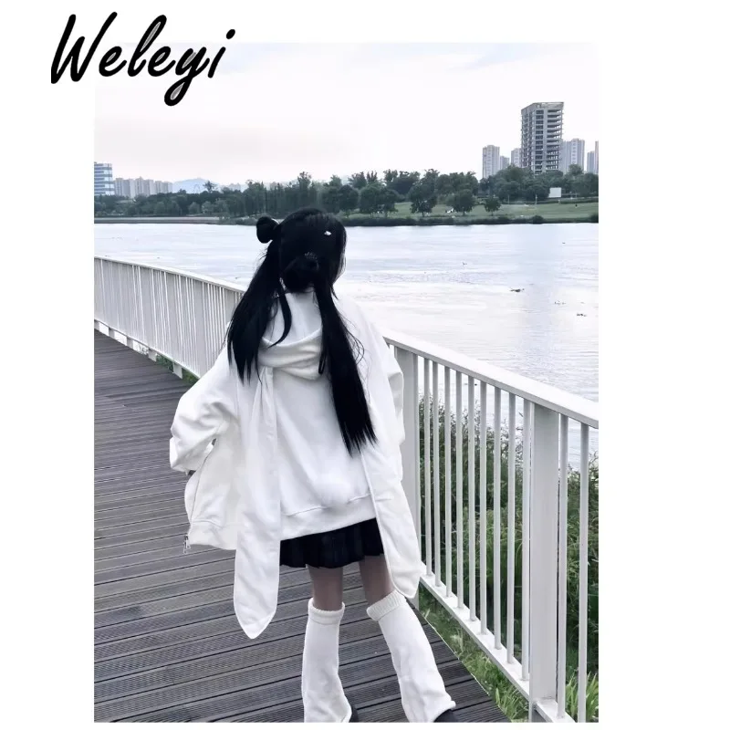 Y2K Cute White Fleece Rabbit Ears Hooded Hoodie Female 2024 Fall New Jirai Kei Style Yabi Loose Hot Girl Punk Long Sleeve Jacket