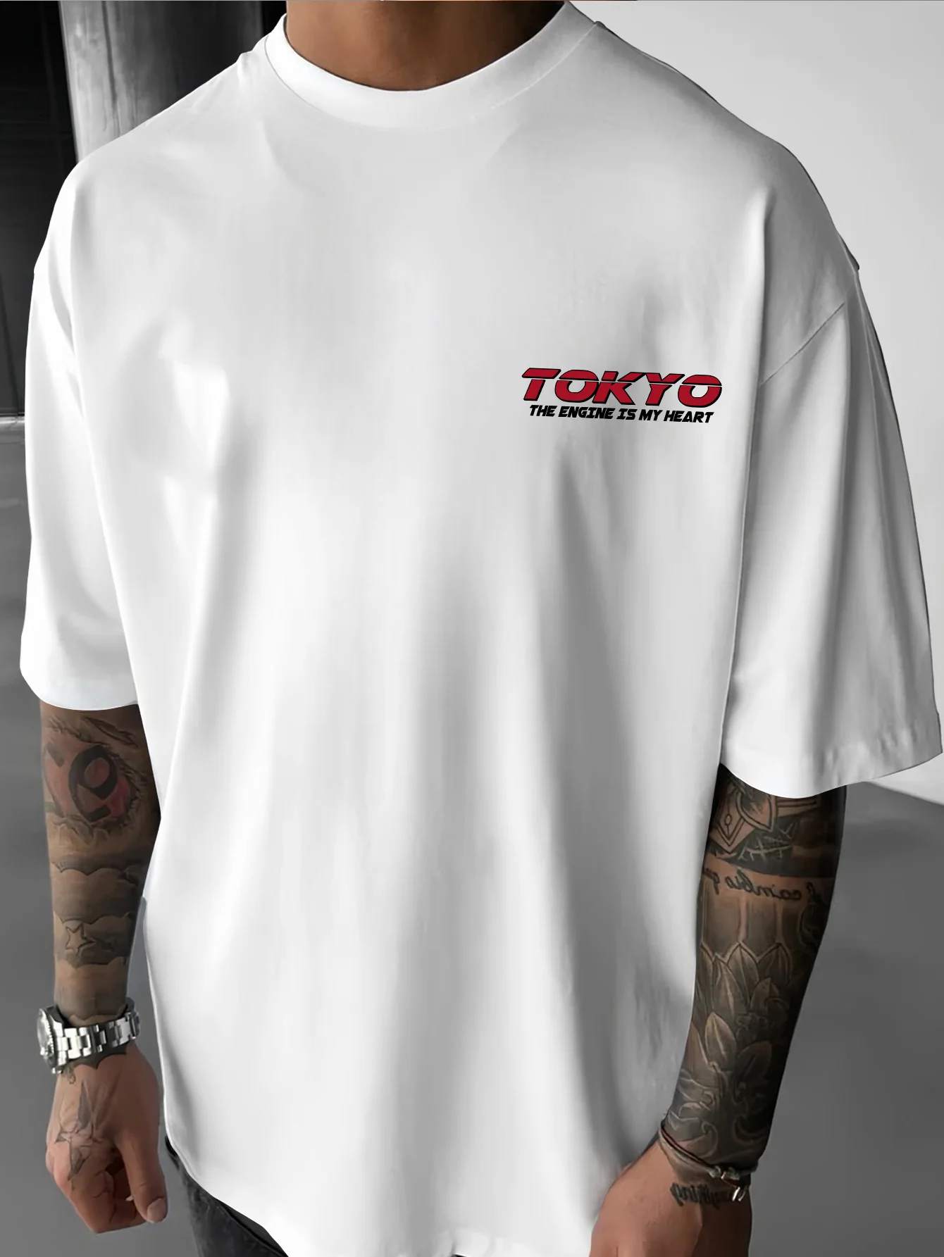 Men Summer Fashion Printed T-Shirt TOKYO The Engine Is My Heart Sports Car Front & Back Print Machine Washable S-XXL