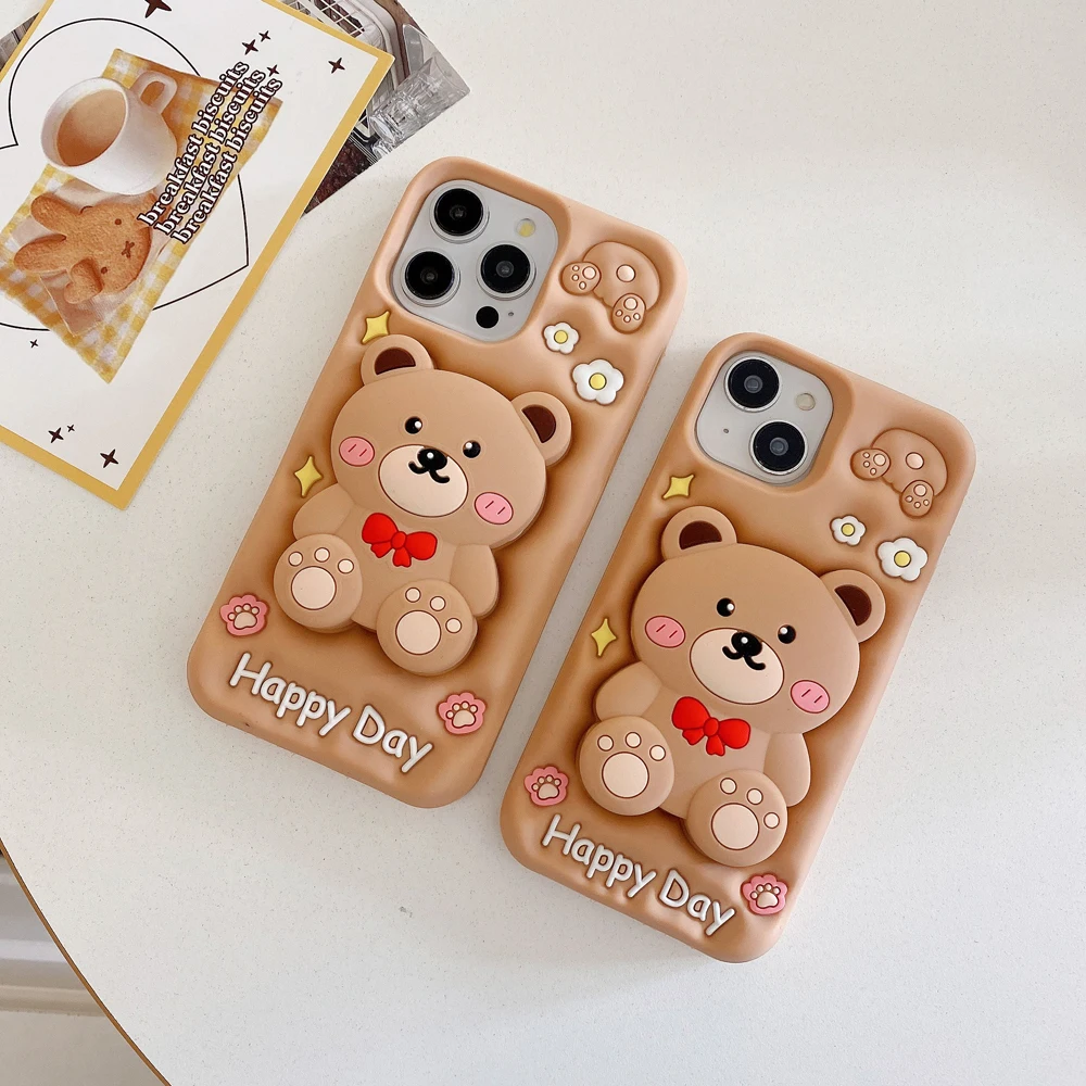 Cartoon 3D Teddy Bear Phone Case For iphone 12 13 14 15 Pro Max Anime Cute Telescopic Bracket Bumper Soft Silicone Back Cover