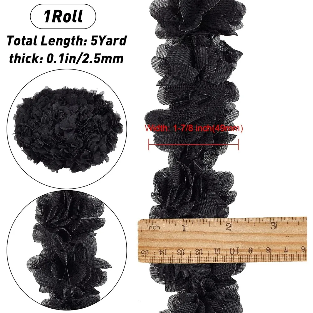 5 Yards 3D Chiffon Flower Lace Edge Trim Ribbon 1-7/8 Inch Width Vintage Style Black Edging Trimming Fabric for DIY Sewing