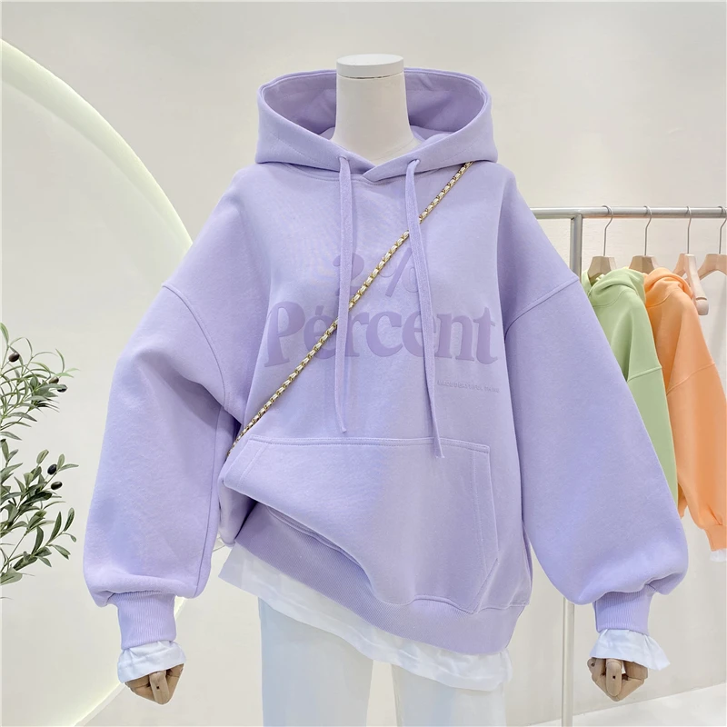 

Hoodies Women Sweatshirts Spring Autumn Warm Thick Splicing Fake Two Piece Korean Simple Pocket Top Loose Pullover Hoodie