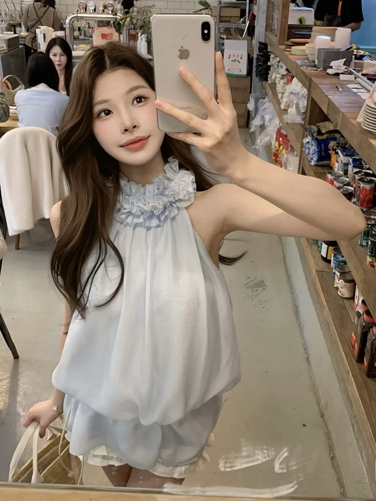 

Le 9 RomanLand Blue Ear Lace Collar Silk Vest Women's Sweet Sle Loose Fit Summer Top Ele Slimming Effect