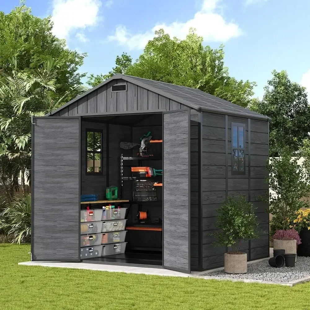 Resin Storage Shed 8 x 6 T, Plastic Outdoor Storage Shed with loor Outde Storage Garden Patio Sheds with Lockable Door or Bike,