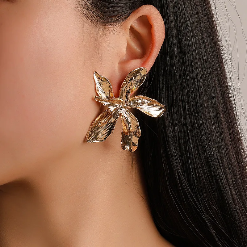 European and American Fashion New Trend Metal Texture Earrings Butterfly Multi-layer Flower Creative Alloy Earrings