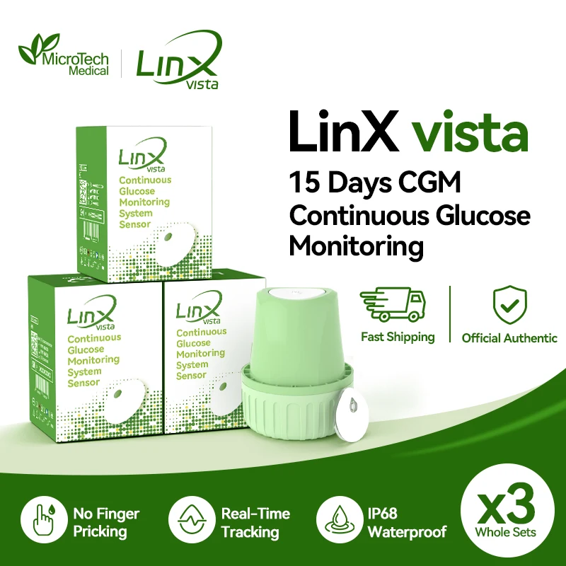 3 Conjuntos de Sensores MicroTech LinX Vista CGM, Monitor de Glicose Contínuo em Tempo Real 24/7, Kit de Teste de Açúcar no Sangue
