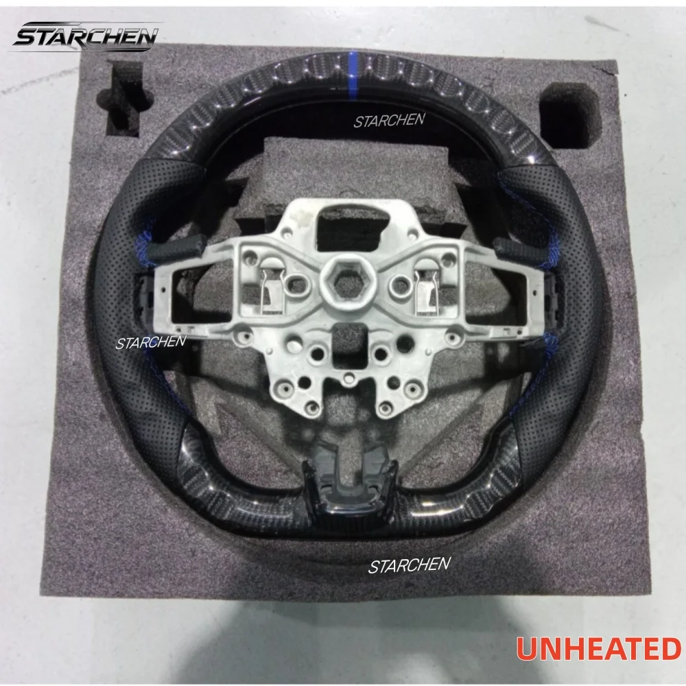 Real 3K Carbon Fiber Steering Wheel for Mustang 2015+, D-Shape Flat Bottom, Blue Stripe & Hand-Stitching, for EcoBoost/GT/Base/V6/GT350/GT350R(Non-heated)