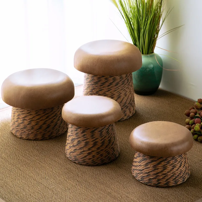 

Rustic Natural Solid Wood Jute Rope Mushroom Shoe Changing Stool Tatami Low Seat for Entryway Living Room Bedroom Farmhouse Cozy